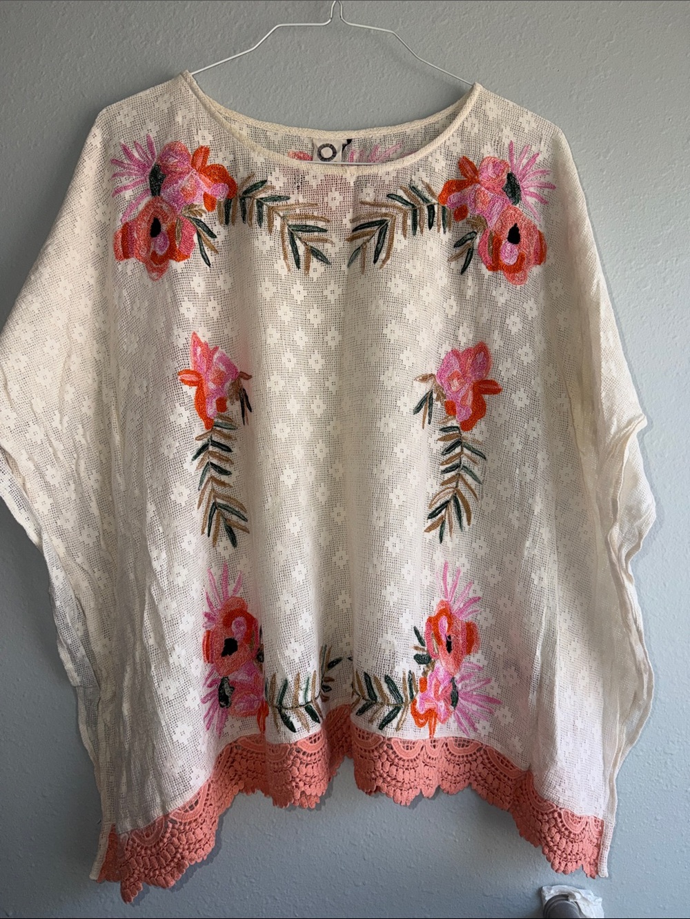 Cream Floral Embroidered Tunic with Coral Trim